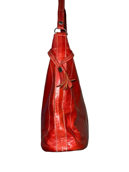 VTG 60S 70S RED BROWN LEATHER MOROCCAN CAMEL EMBOSSED WOVEN SUN SHOULDER BAG