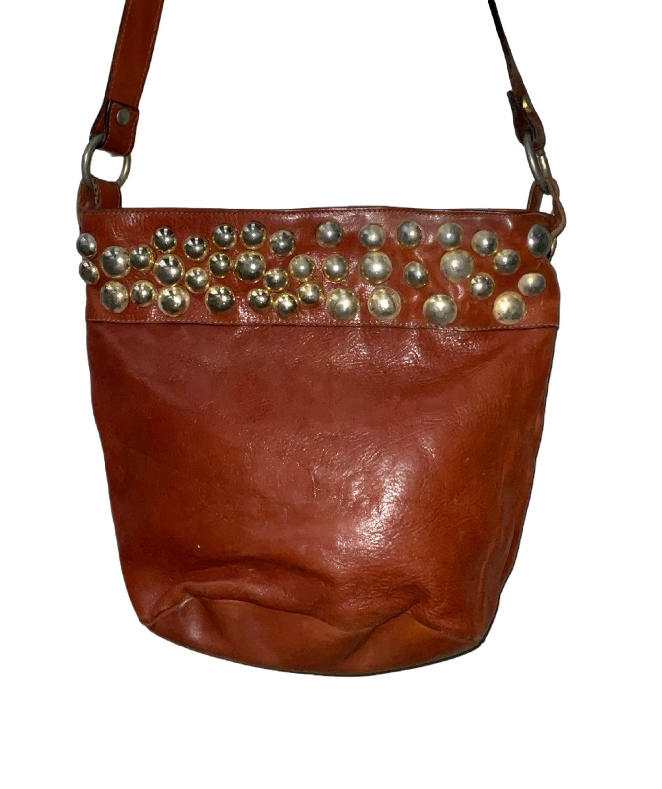 Vintage 60s 70s brown leather bag with gold disco studs