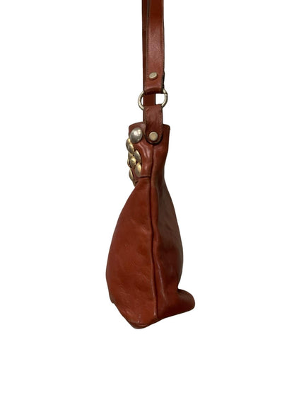 VTG 70S 80S BROWN LEATHER GOLD STUDDED GEOMETRIC MOD SHOULDER BAG