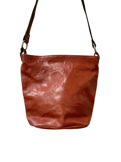 VTG 70S 80S BROWN LEATHER GOLD STUDDED GEOMETRIC MOD SHOULDER BAG