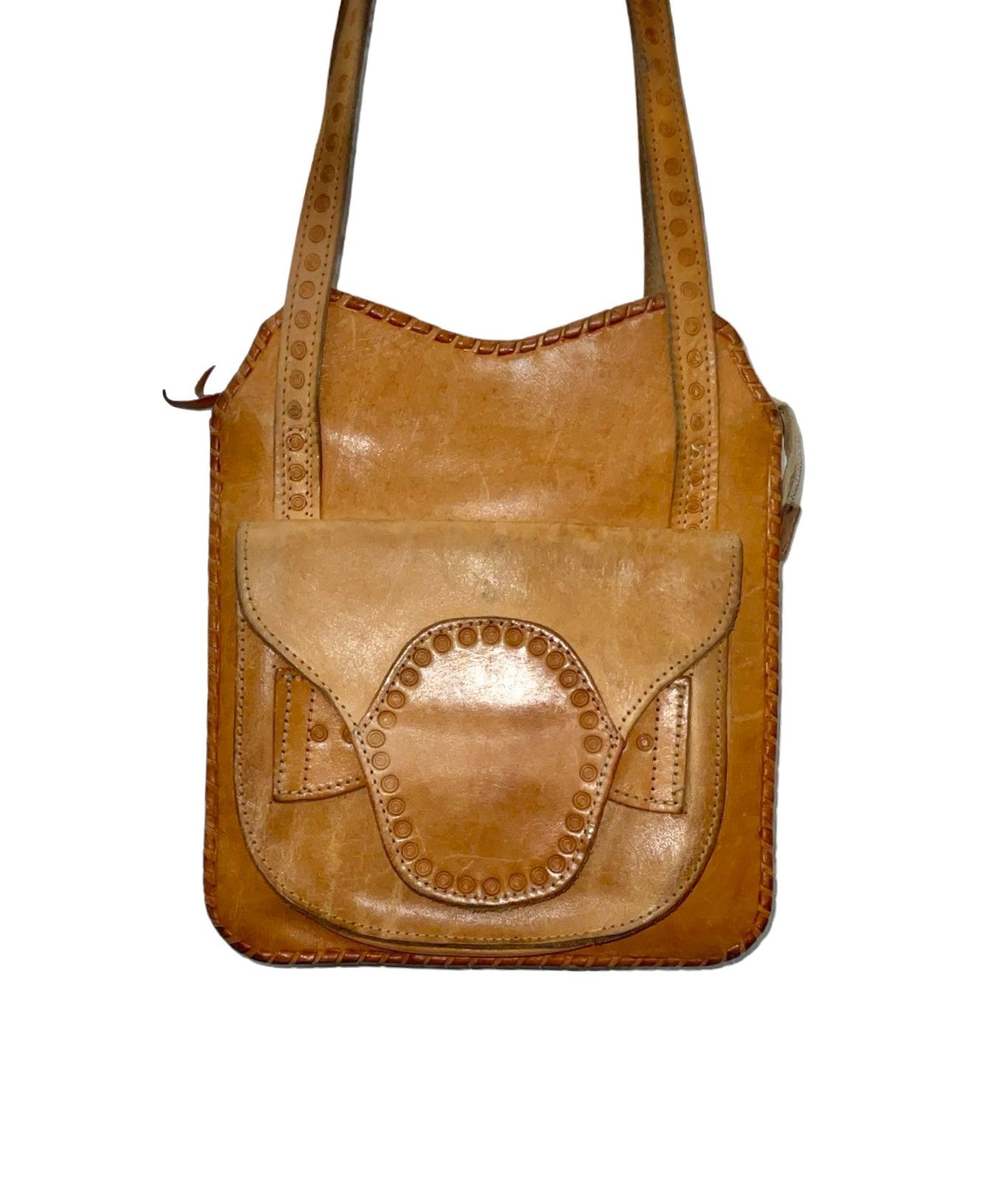 Vintage 60s 70s geometric dotty stamped tan leather shoulder bag Shrinking Violets Vintage 