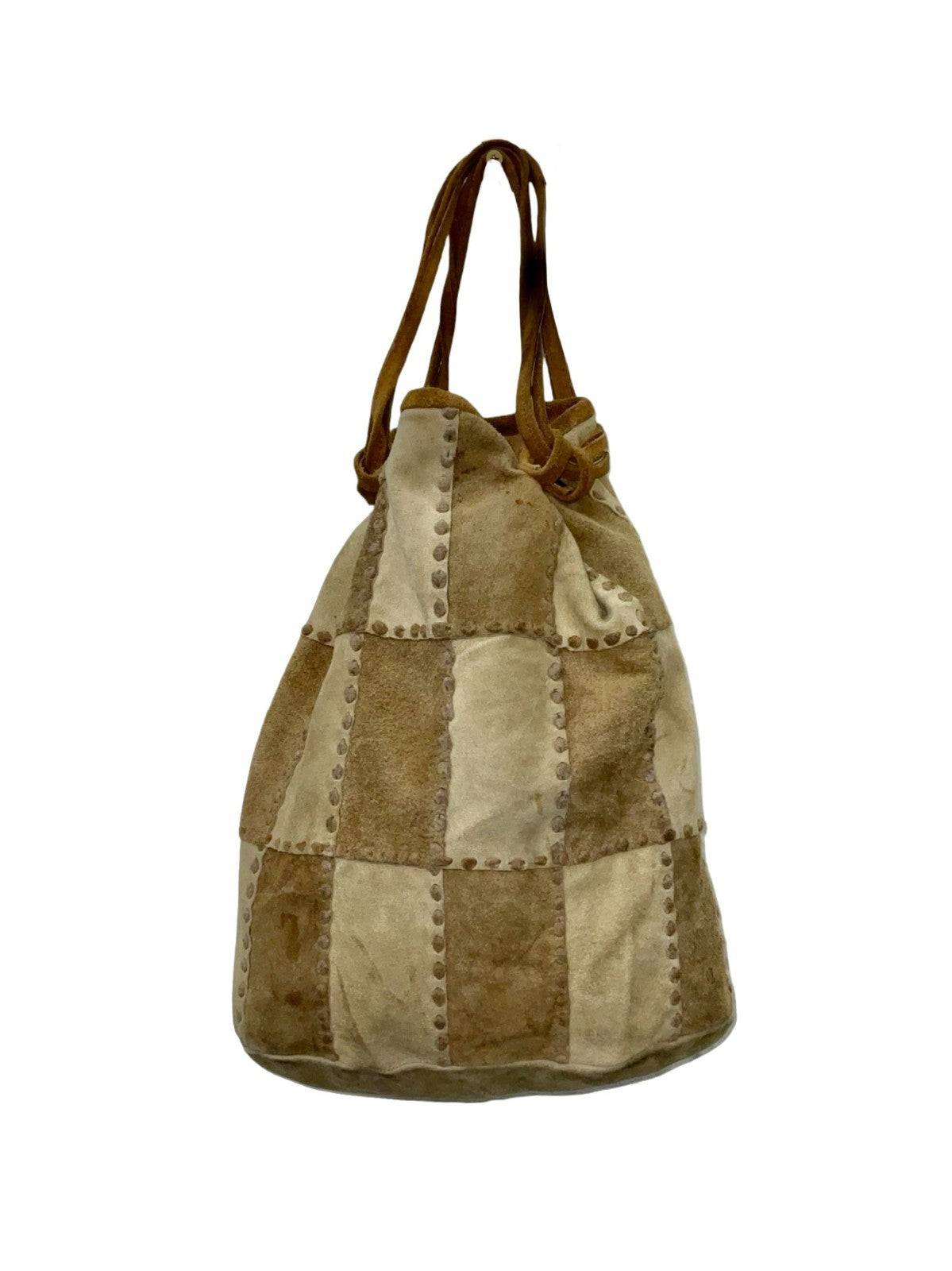 60s 70s tan brown suede patchwork drawstring bag Shrinking Violets Vintage