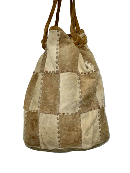 VTG 60S 70S TWO TONE PATCHWORK HIPPY BROWN BEIGE SUEDE DRAWSTRING BAG