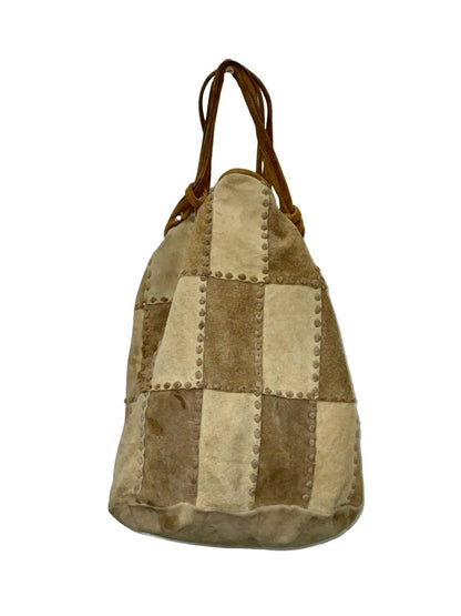 VTG 60S 70S TWO TONE PATCHWORK HIPPY BROWN BEIGE SUEDE DRAWSTRING BAG