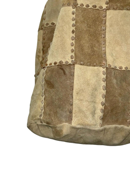VTG 60S 70S TWO TONE PATCHWORK HIPPY BROWN BEIGE SUEDE DRAWSTRING BAG