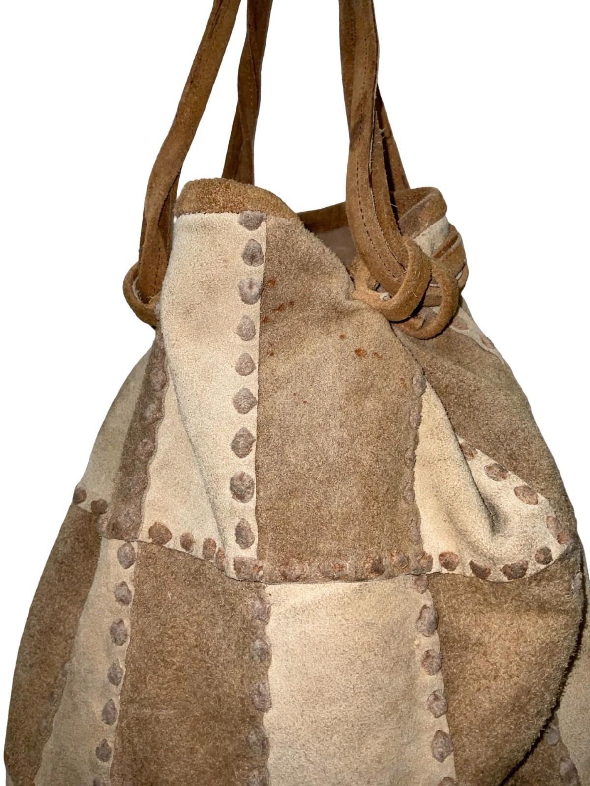 VTG 60S 70S TWO TONE PATCHWORK HIPPY BROWN BEIGE SUEDE DRAWSTRING BAG