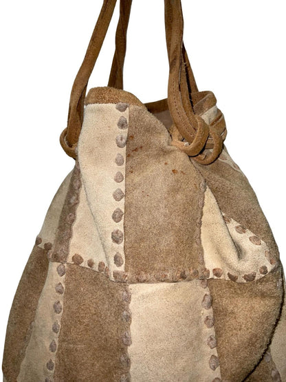 VTG 60S 70S TWO TONE PATCHWORK HIPPY BROWN BEIGE SUEDE DRAWSTRING BAG