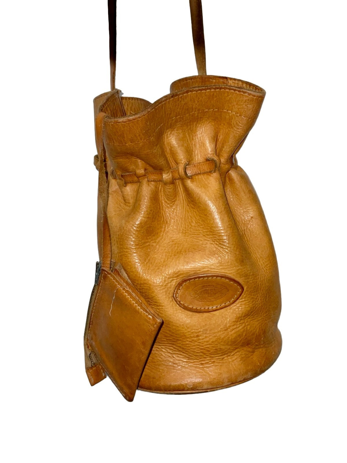 Vintage 60s 70s tan leather drawstring bag with mini purse