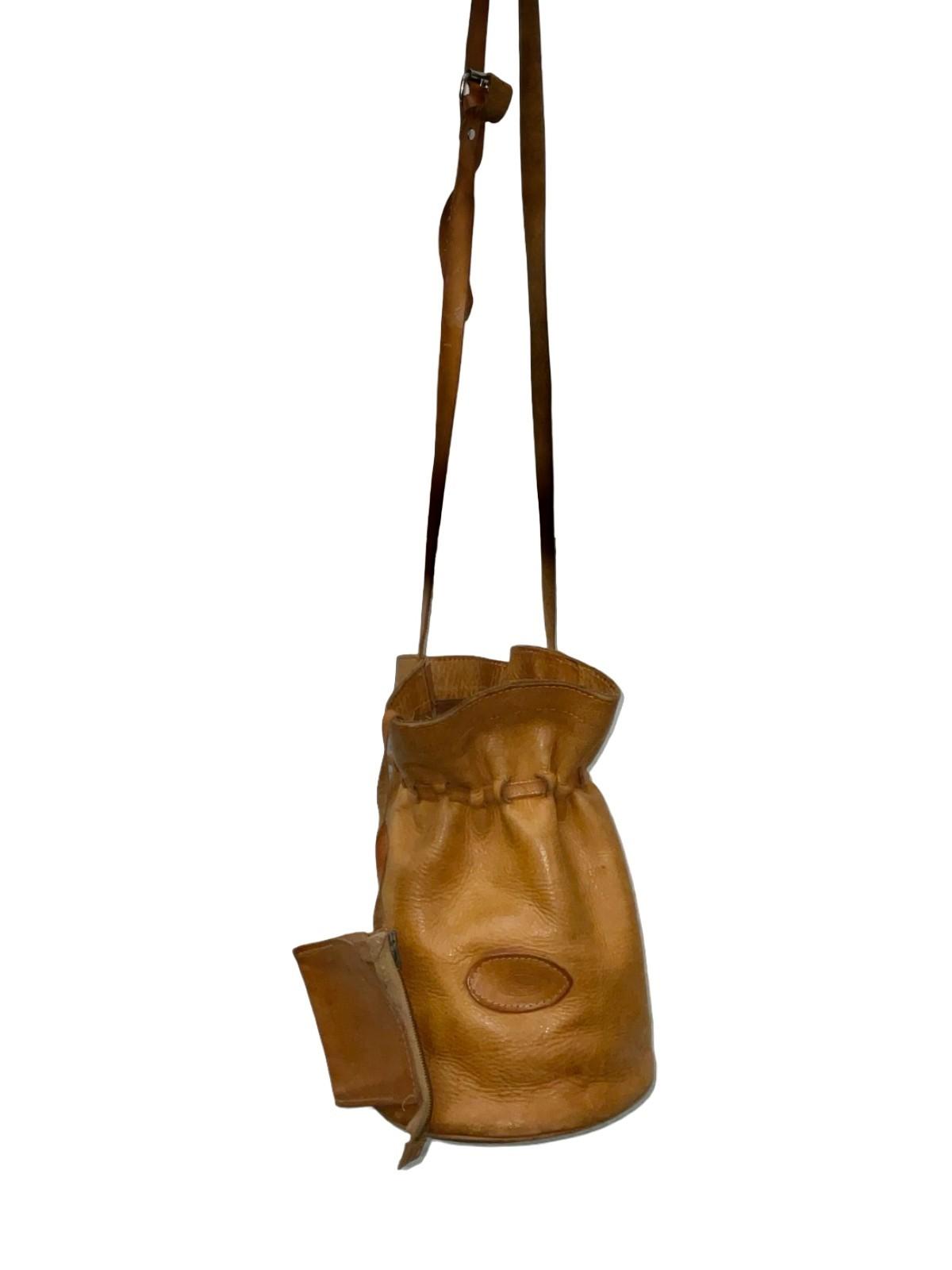 VTG 60S 70S TAN BROWN LEATHER HIPPY BOHO DRAWSTRING BAG WITH MINI PURSE