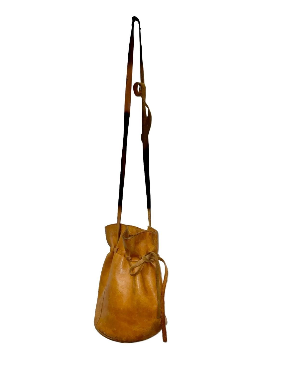VTG 60S 70S TAN BROWN LEATHER HIPPY BOHO DRAWSTRING BAG WITH MINI PURSE