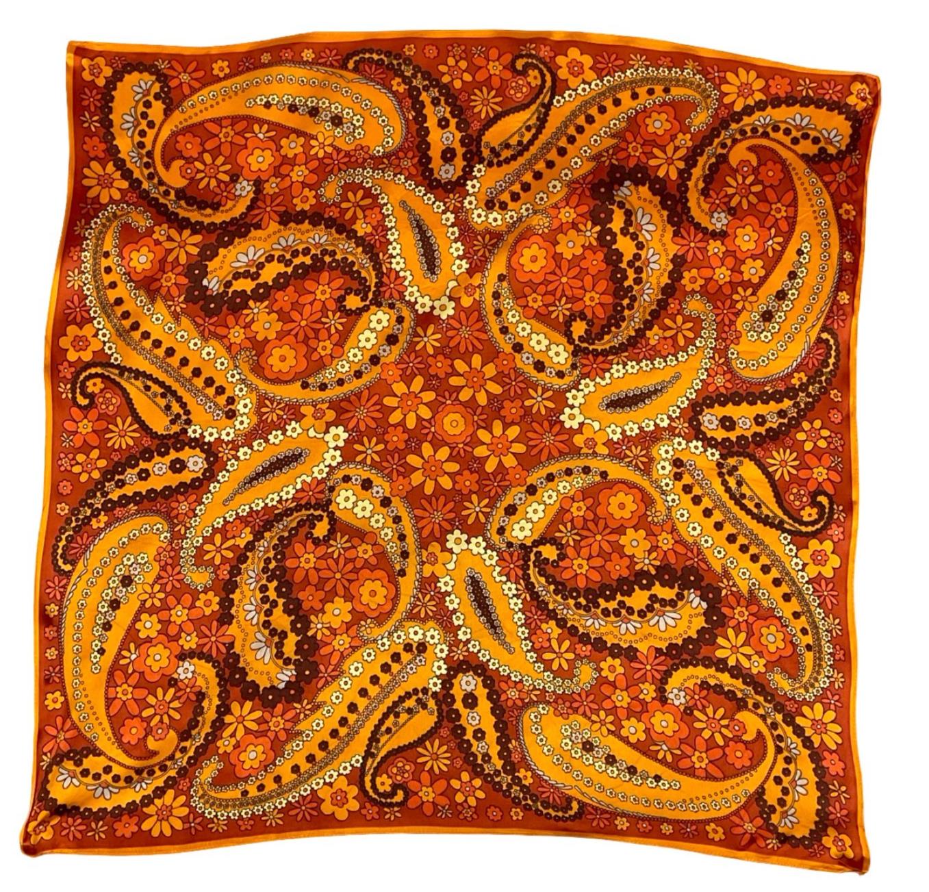 VTG 60S 70S ORANGE BROWN PSYCHEDELIC FLORAL PAISLEY FLOWER POWER SCARF