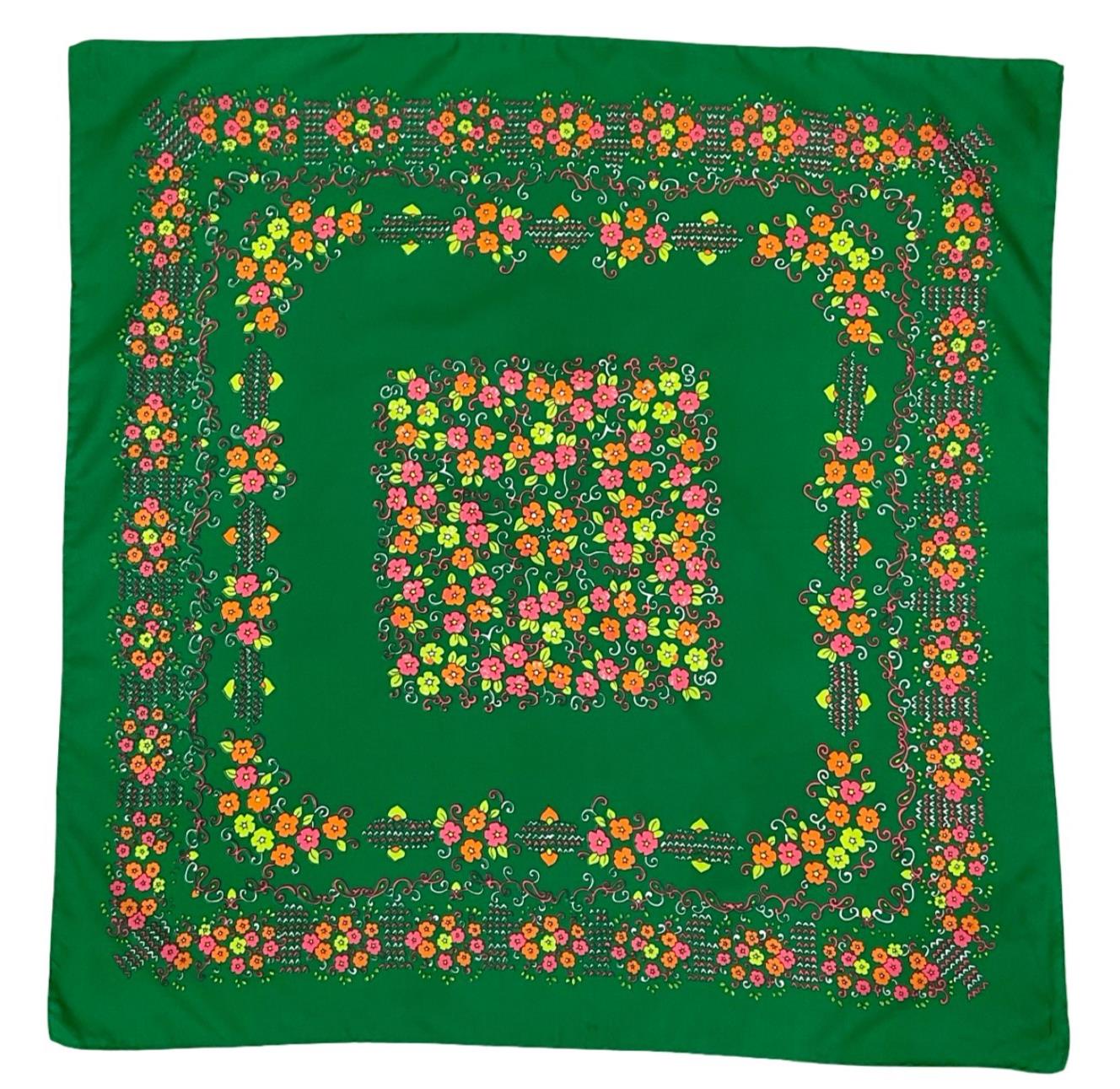 VTG 60S 70S GREEN PINK ORANGE WHITE FLORAL SWIRL SCARF