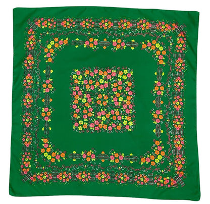 VTG 60S 70S GREEN PINK ORANGE WHITE FLORAL SWIRL SCARF