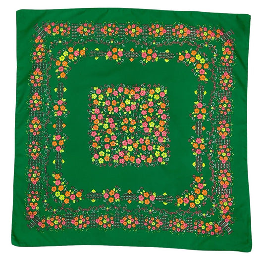 VTG 60S 70S GREEN PINK ORANGE WHITE FLORAL SWIRL SCARF