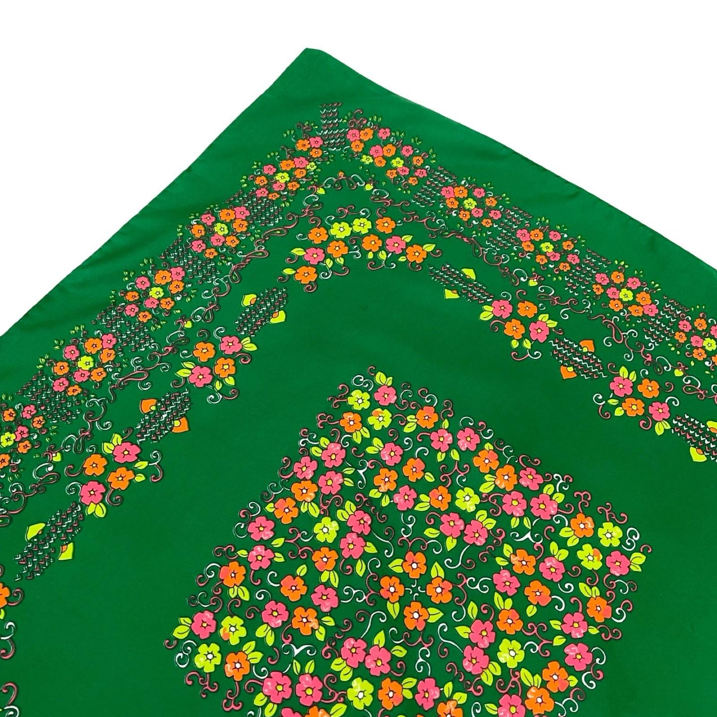 VTG 60S 70S GREEN PINK ORANGE WHITE FLORAL SWIRL SCARF