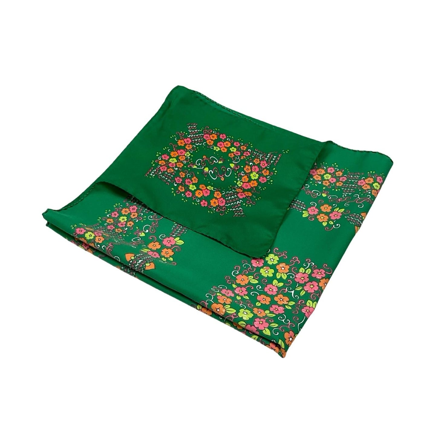 VTG 60S 70S GREEN PINK ORANGE WHITE FLORAL SWIRL SCARF