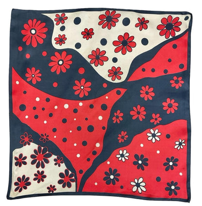 VTG 60S 70S RED WHITE NAVY BLUE FLORAL DAISY WAVY SHAPE MOD SCARF