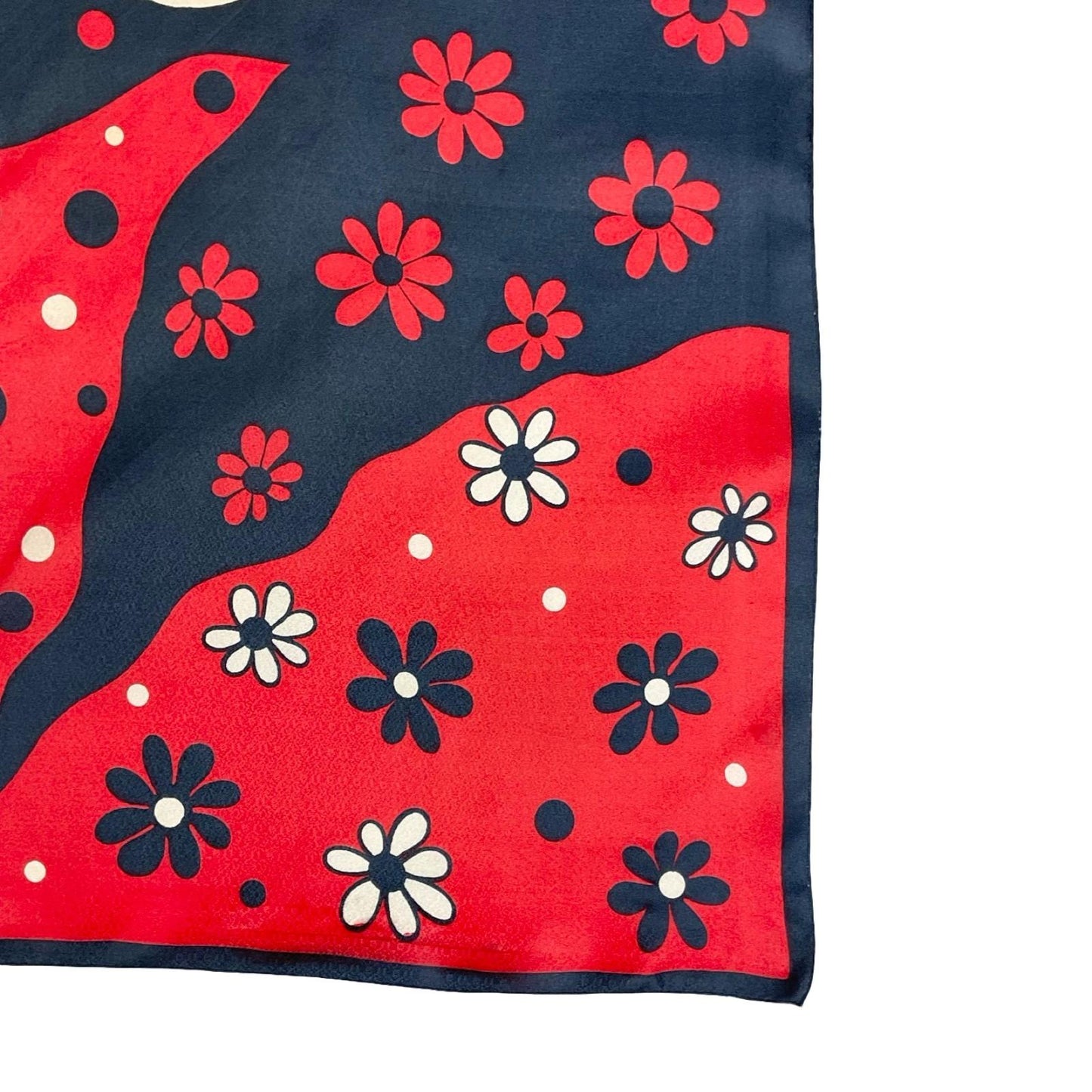 VTG 60S 70S RED WHITE NAVY BLUE FLORAL DAISY WAVY SHAPE MOD SCARF