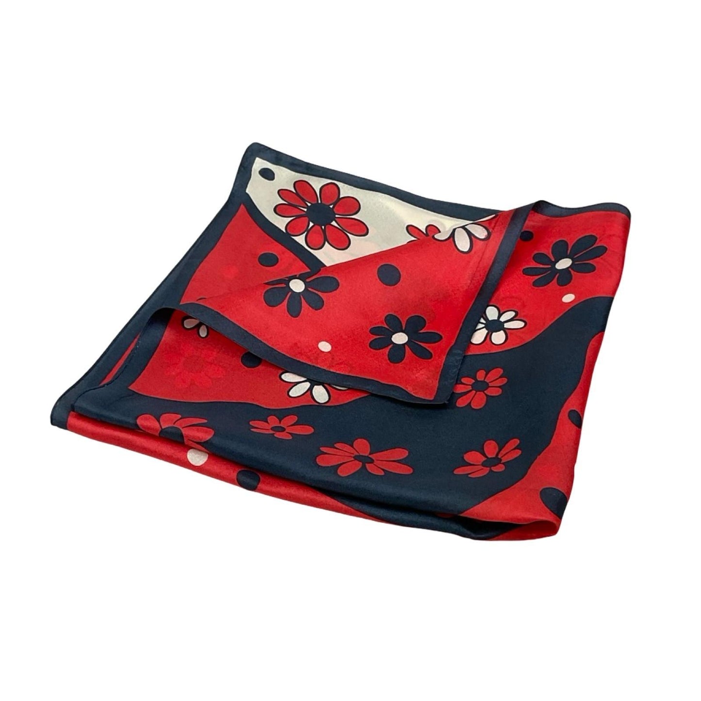 VTG 60S 70S RED WHITE NAVY BLUE FLORAL DAISY WAVY SHAPE MOD SCARF