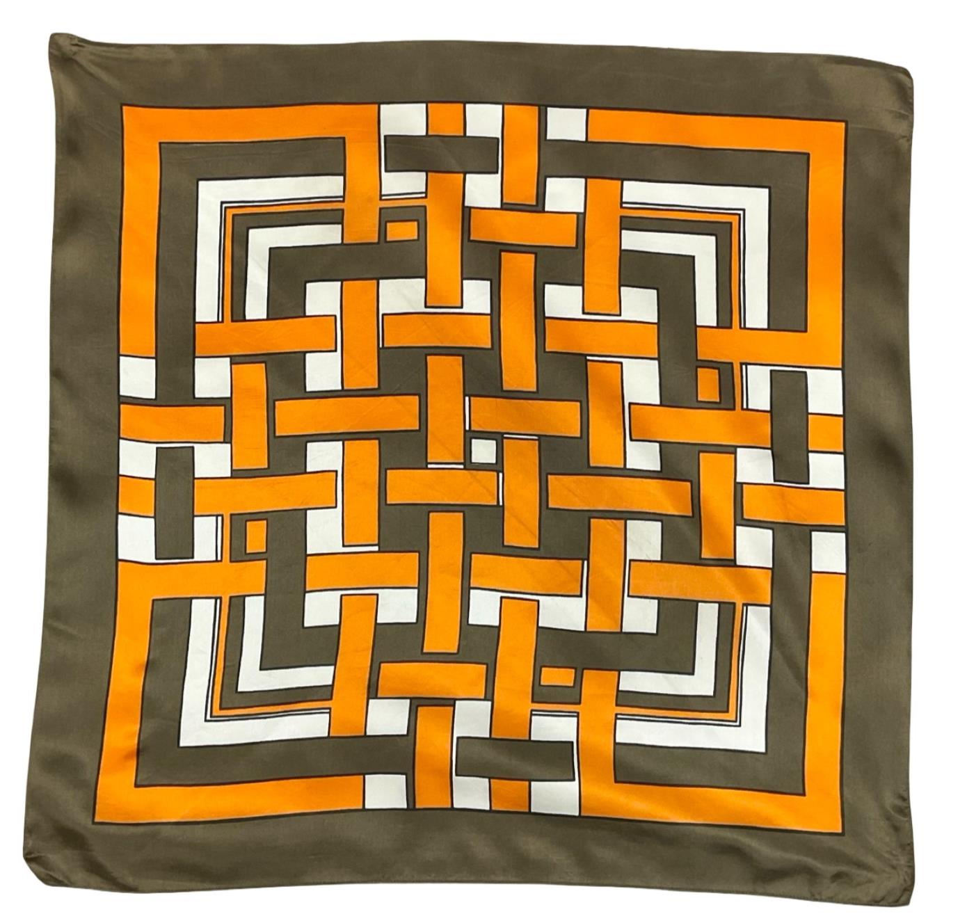 VTG 60S 70S KHAKI GREEN ORANGE CREAM GEOMETRIC SQUARE SCARF