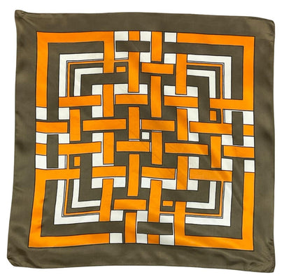 VTG 60S 70S KHAKI GREEN ORANGE CREAM GEOMETRIC SQUARE SCARF