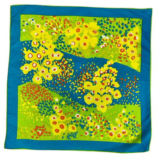 VTG 60S 70S BLUE GREEN YELLOW ORANGE FLORAL ABSTRACT FLOWER MEADOW SCARF