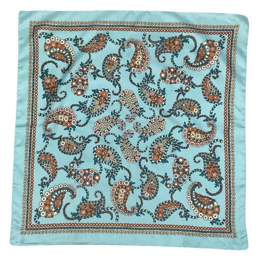 VTG 60S 70S BLUE BEIGE ORANGE WHITE FLORAL PAISLEY PSYCHEDELIC SCARF
