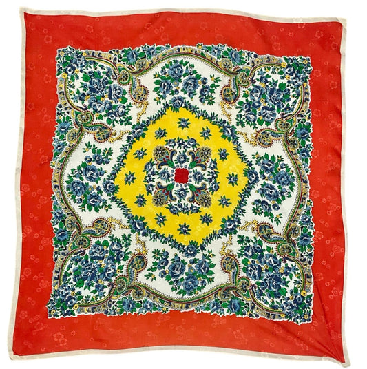 VTG 60S 70S RED WHITE YELLOW BLUE GREEN BOHO BAROQUE FLORAL DAMASK SCARF