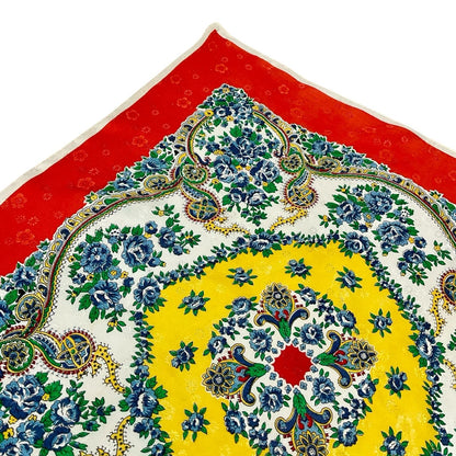 VTG 60S 70S RED WHITE YELLOW BLUE GREEN BOHO BAROQUE FLORAL DAMASK SCARF