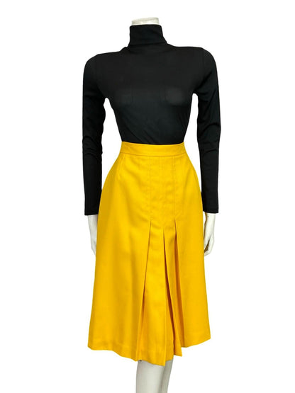 VTG 70S BRIGHT YELLOW PLEATED SECRETARY MIDI SKIRT 8 10 S