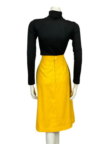 VTG 70S BRIGHT YELLOW PLEATED SECRETARY MIDI SKIRT 8 10 S