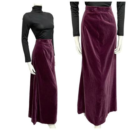 Mannequin wears a 70s aubergine purple velour maxi skirt with a black turtleneck