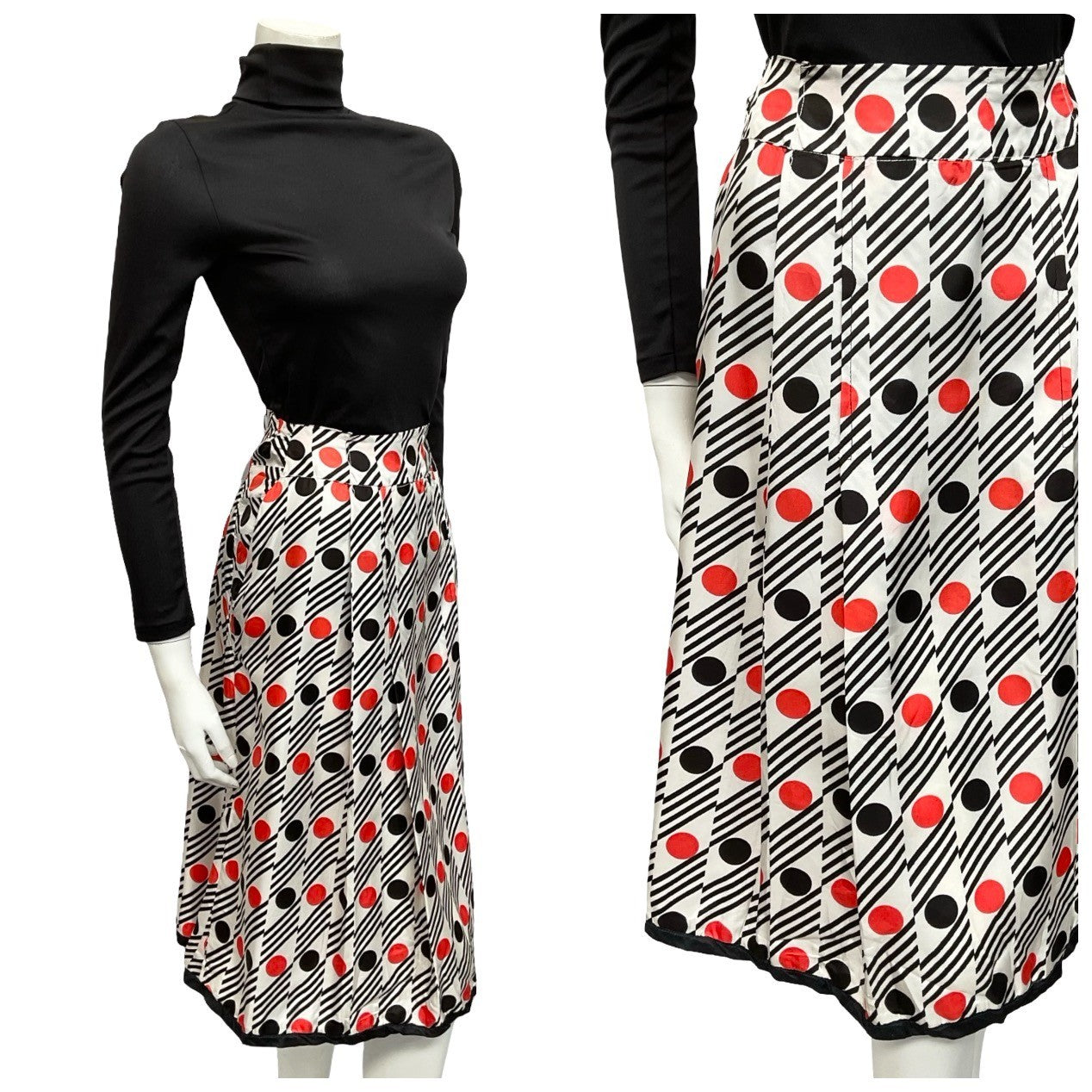 Mannequin wears a 60s white red and black geometric mod dotty striped pleated midi skirt with a black turtleneck