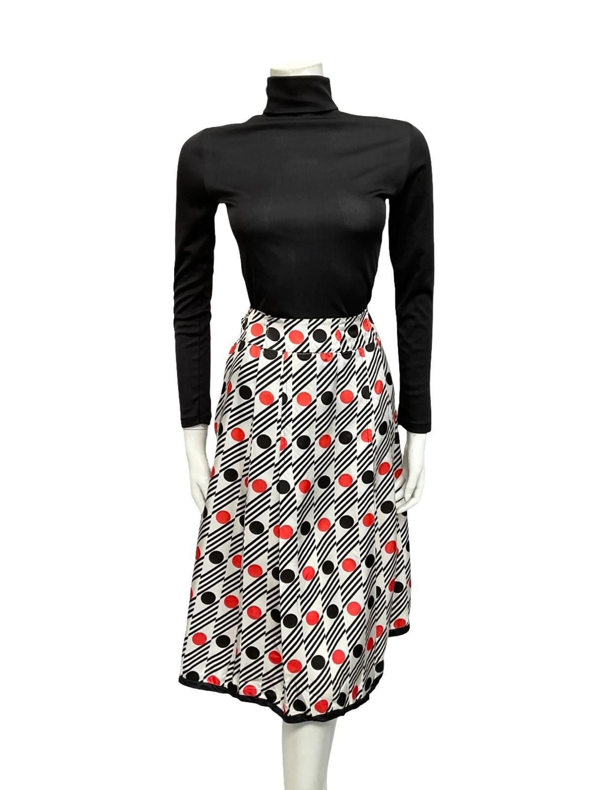 VTG 60S 70S GEOMETRIC WHITE BLACK RED STRIPE DOT MIDI SKIRT 8 10 S