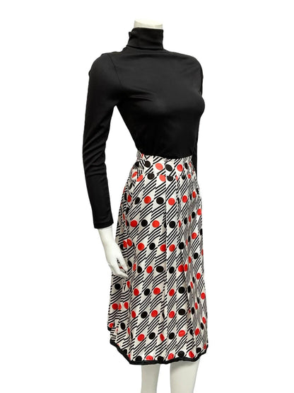 VTG 60S 70S GEOMETRIC WHITE BLACK RED STRIPE DOT MIDI SKIRT 8 10 S