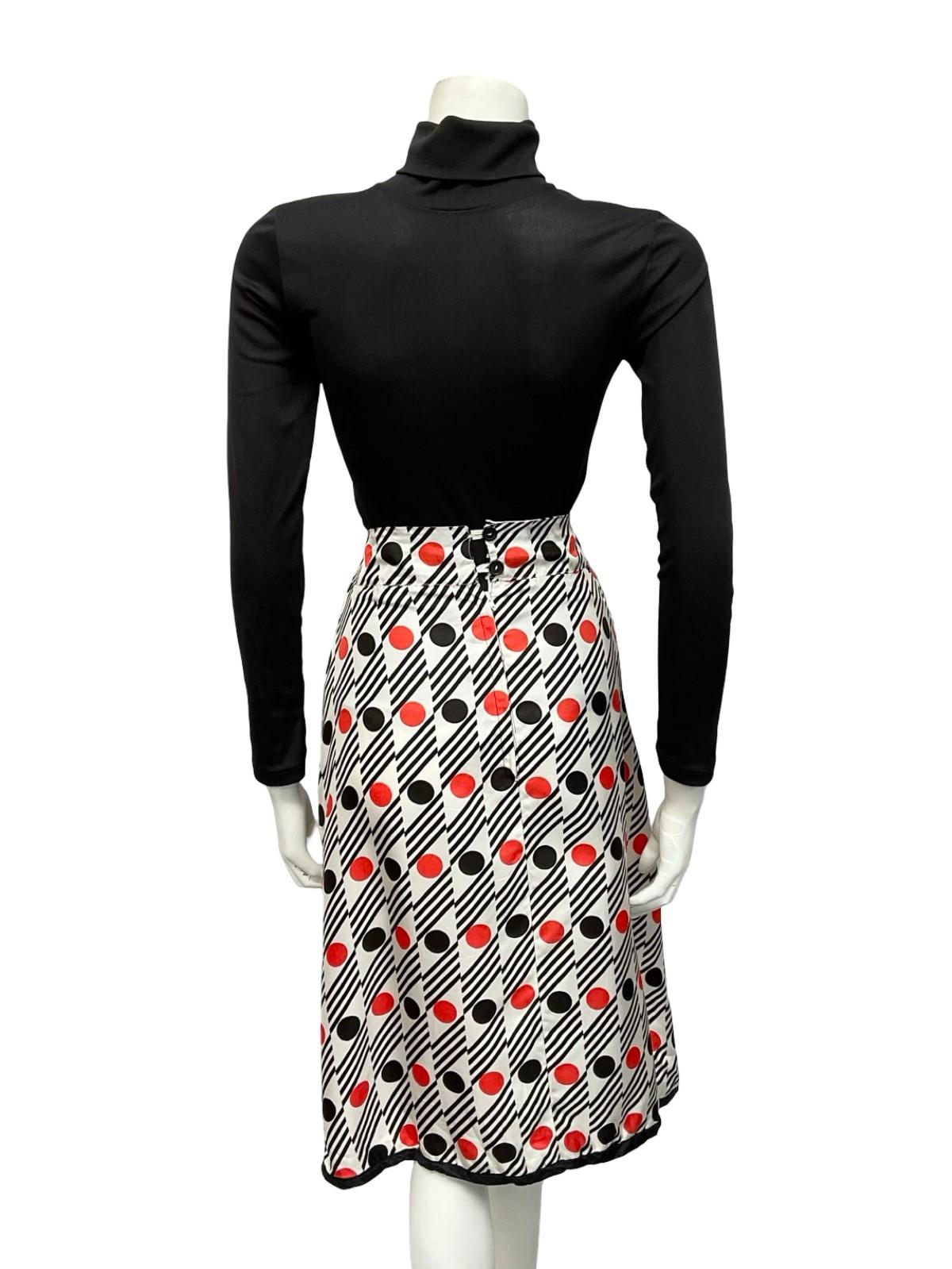 VTG 60S 70S GEOMETRIC WHITE BLACK RED STRIPE DOT MIDI SKIRT 8 10 S