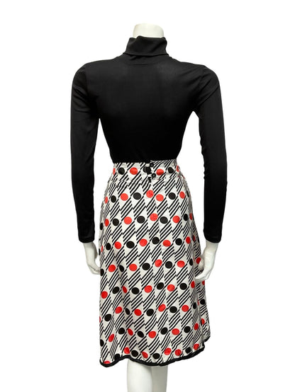 VTG 60S 70S GEOMETRIC WHITE BLACK RED STRIPE DOT MIDI SKIRT 8 10 S