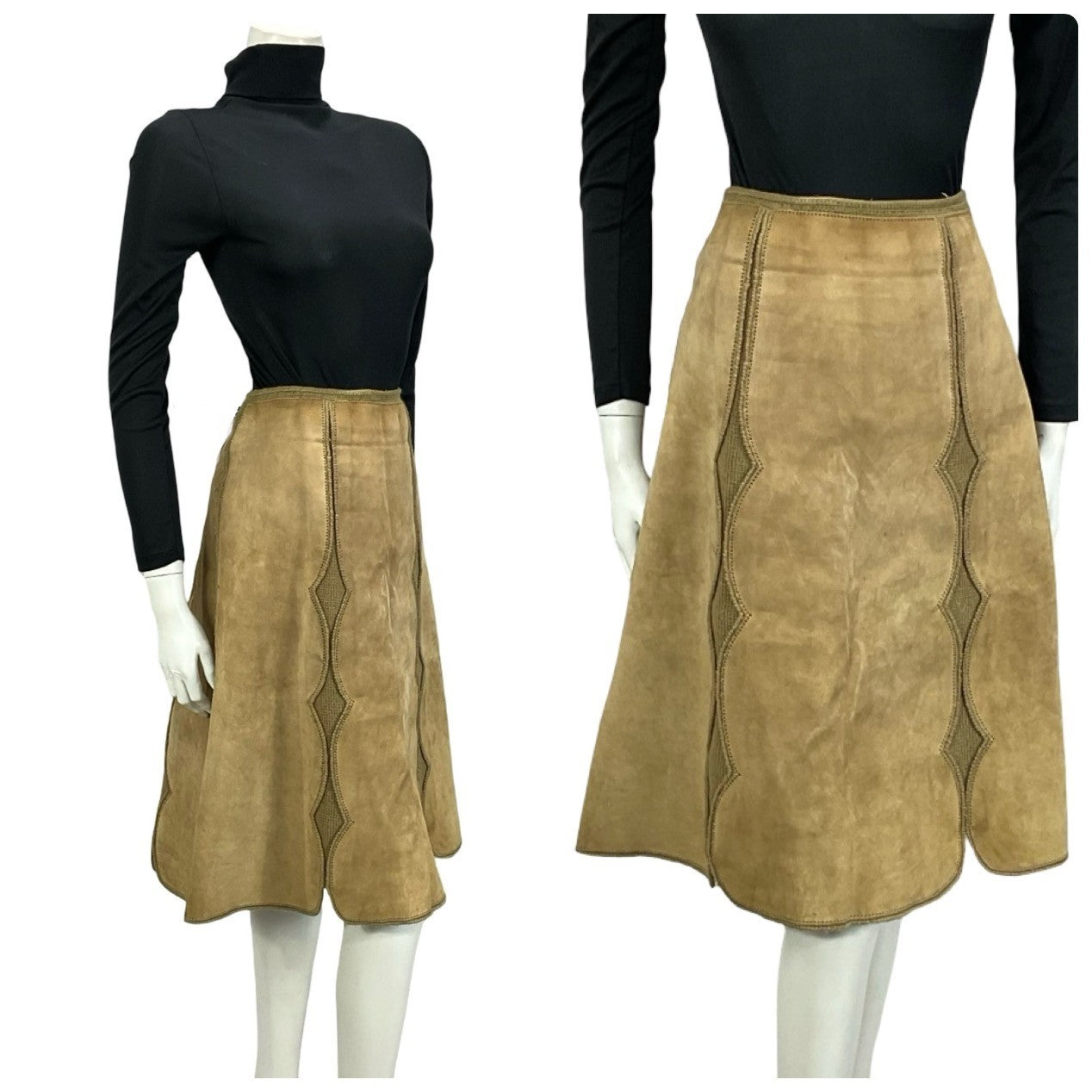 Shrinking Violets Vintage 60s 70s beige suede boho hippy crochet skirt on a white mannequin wearing a black turtleneck