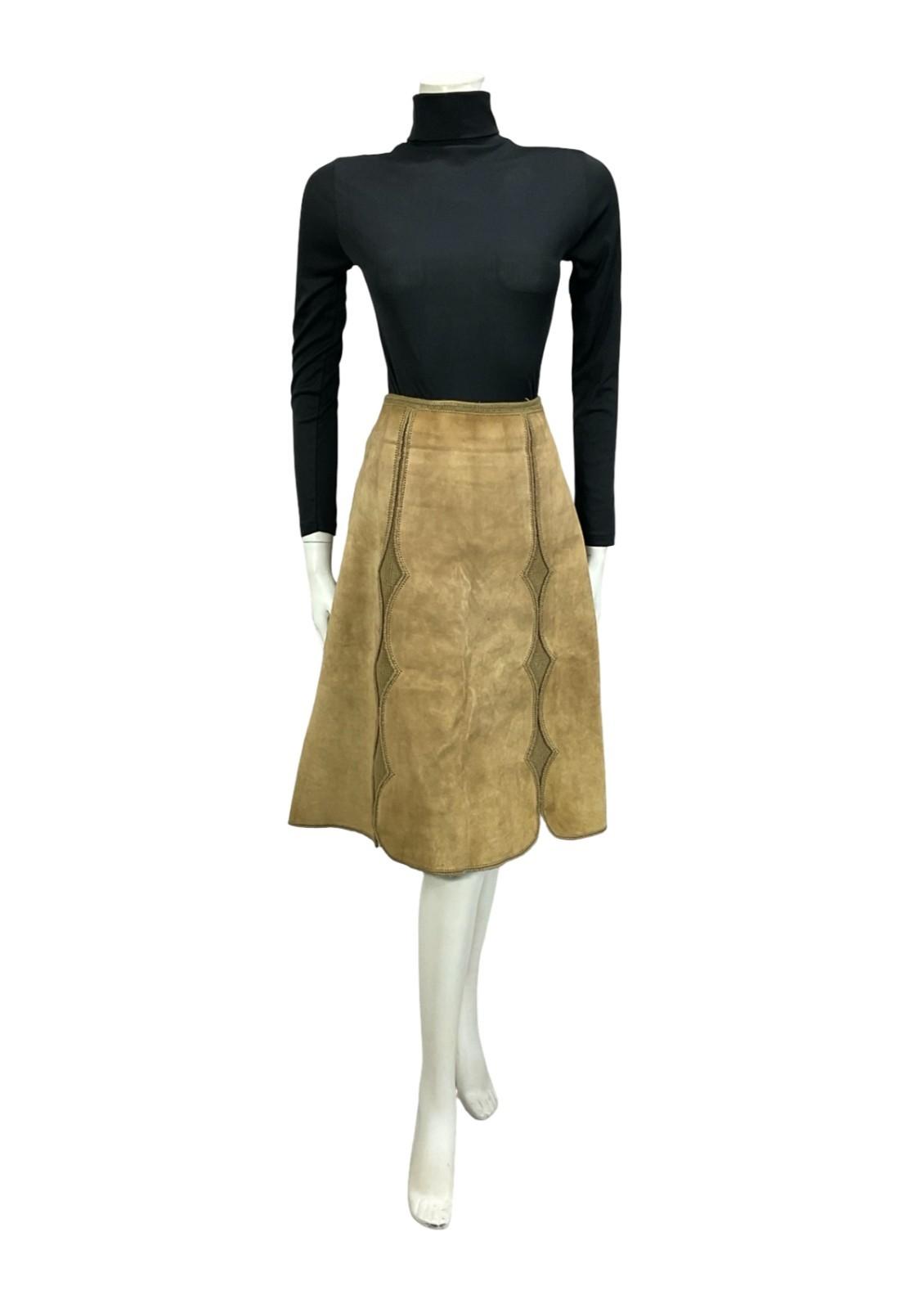 VTG 60S 70S TAN BROWN SUEDE SCALLOPED A LINE HIPPY BOHO MIDI SKIRT 12