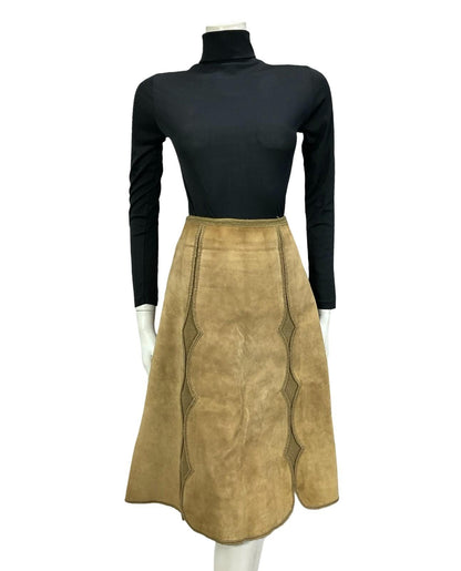 VTG 60S 70S TAN BROWN SUEDE SCALLOPED A LINE HIPPY BOHO MIDI SKIRT 12