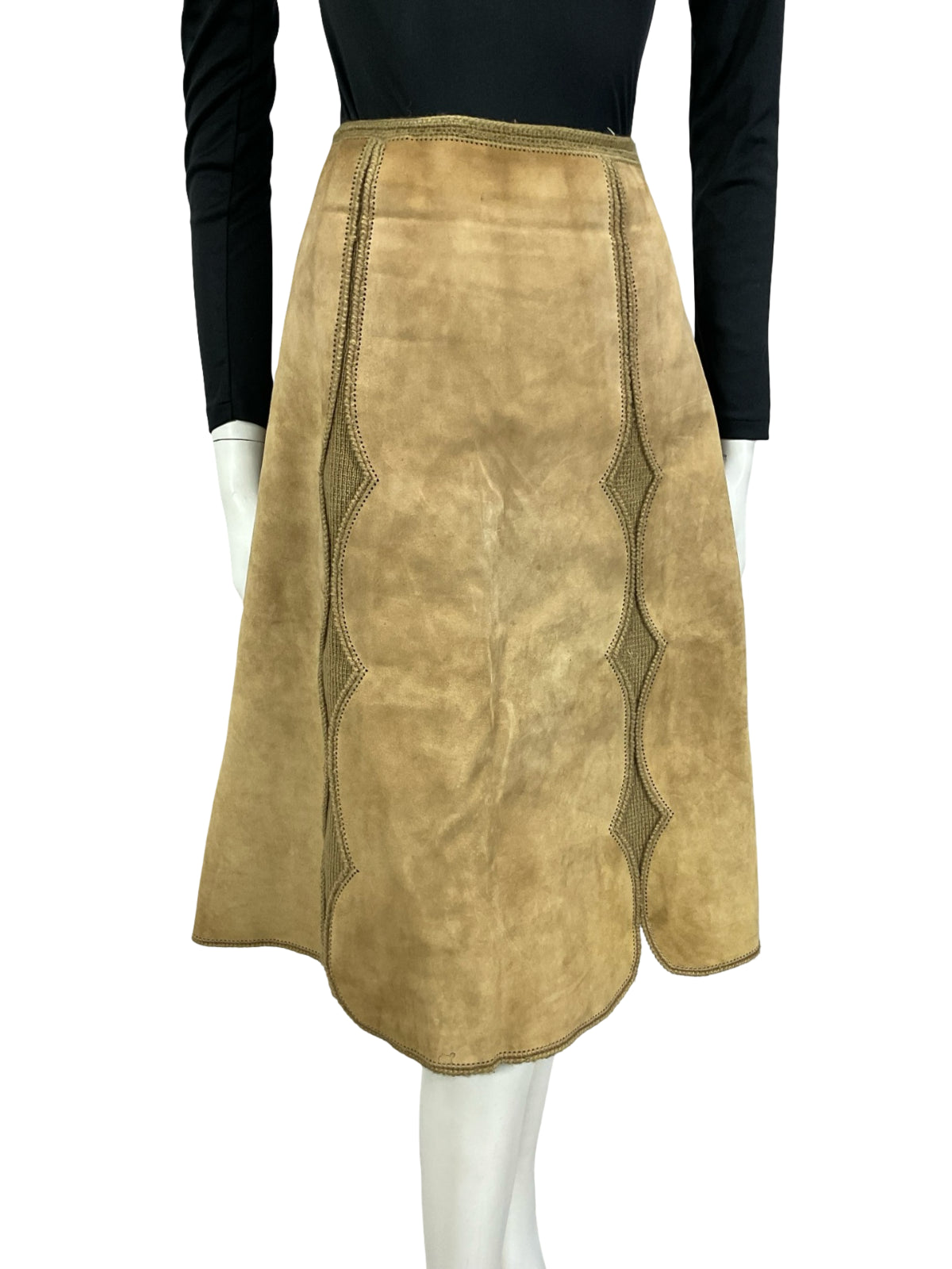 VTG 60S 70S TAN BROWN SUEDE SCALLOPED A LINE HIPPY BOHO MIDI SKIRT 12