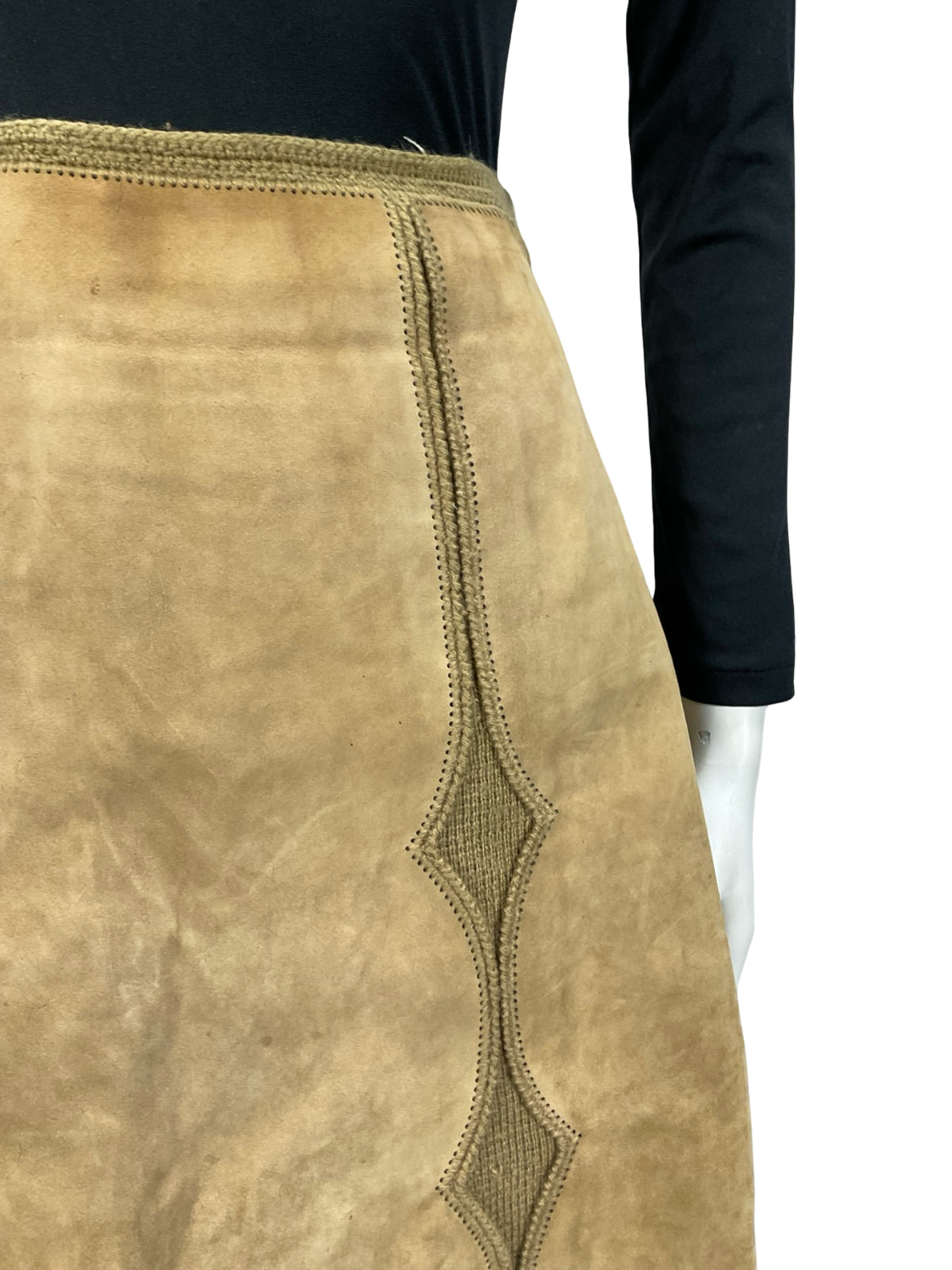 VTG 60S 70S TAN BROWN SUEDE SCALLOPED A LINE HIPPY BOHO MIDI SKIRT 12
