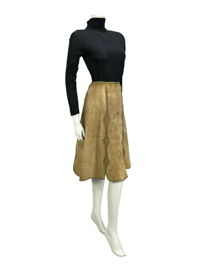 VTG 60S 70S TAN BROWN SUEDE SCALLOPED A LINE HIPPY BOHO MIDI SKIRT 12