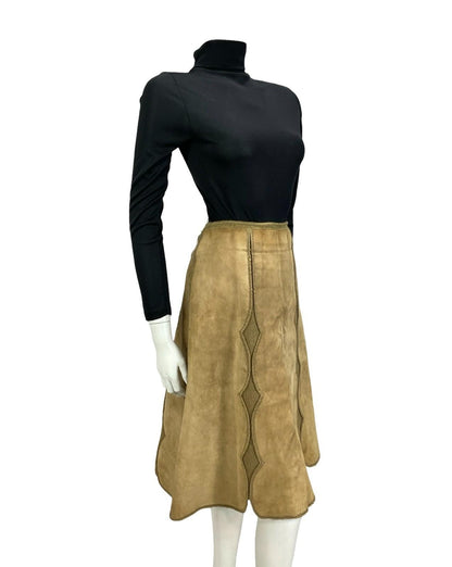 VTG 60S 70S TAN BROWN SUEDE SCALLOPED A LINE HIPPY BOHO MIDI SKIRT 12