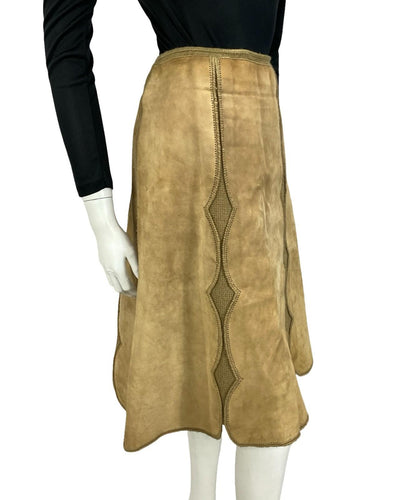 VTG 60S 70S TAN BROWN SUEDE SCALLOPED A LINE HIPPY BOHO MIDI SKIRT 12