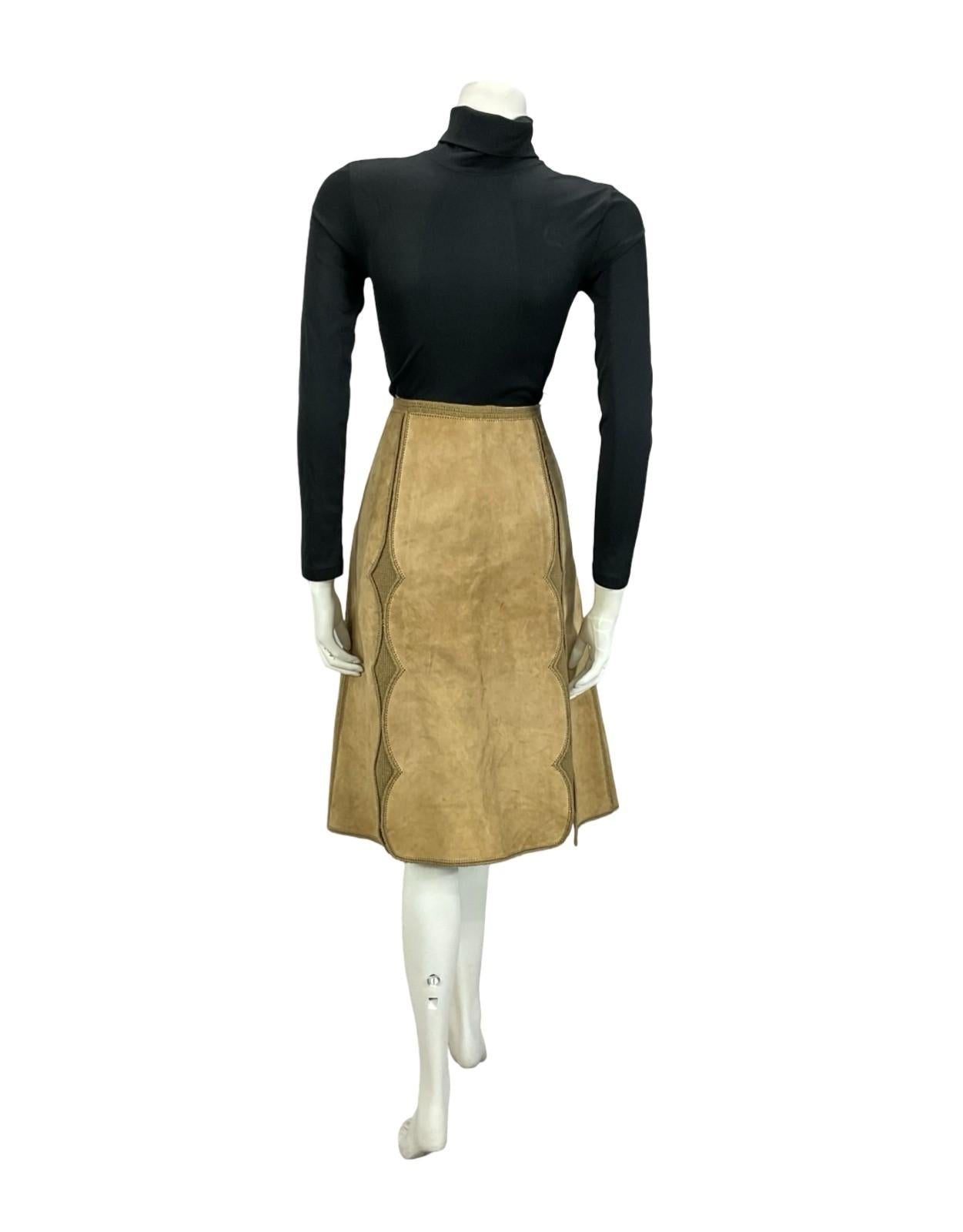VTG 60S 70S TAN BROWN SUEDE SCALLOPED A LINE HIPPY BOHO MIDI SKIRT 12