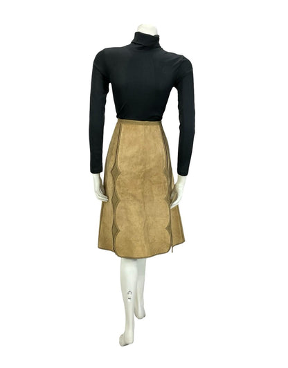 VTG 60S 70S TAN BROWN SUEDE SCALLOPED A LINE HIPPY BOHO MIDI SKIRT 12