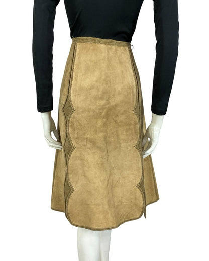 VTG 60S 70S TAN BROWN SUEDE SCALLOPED A LINE HIPPY BOHO MIDI SKIRT 12