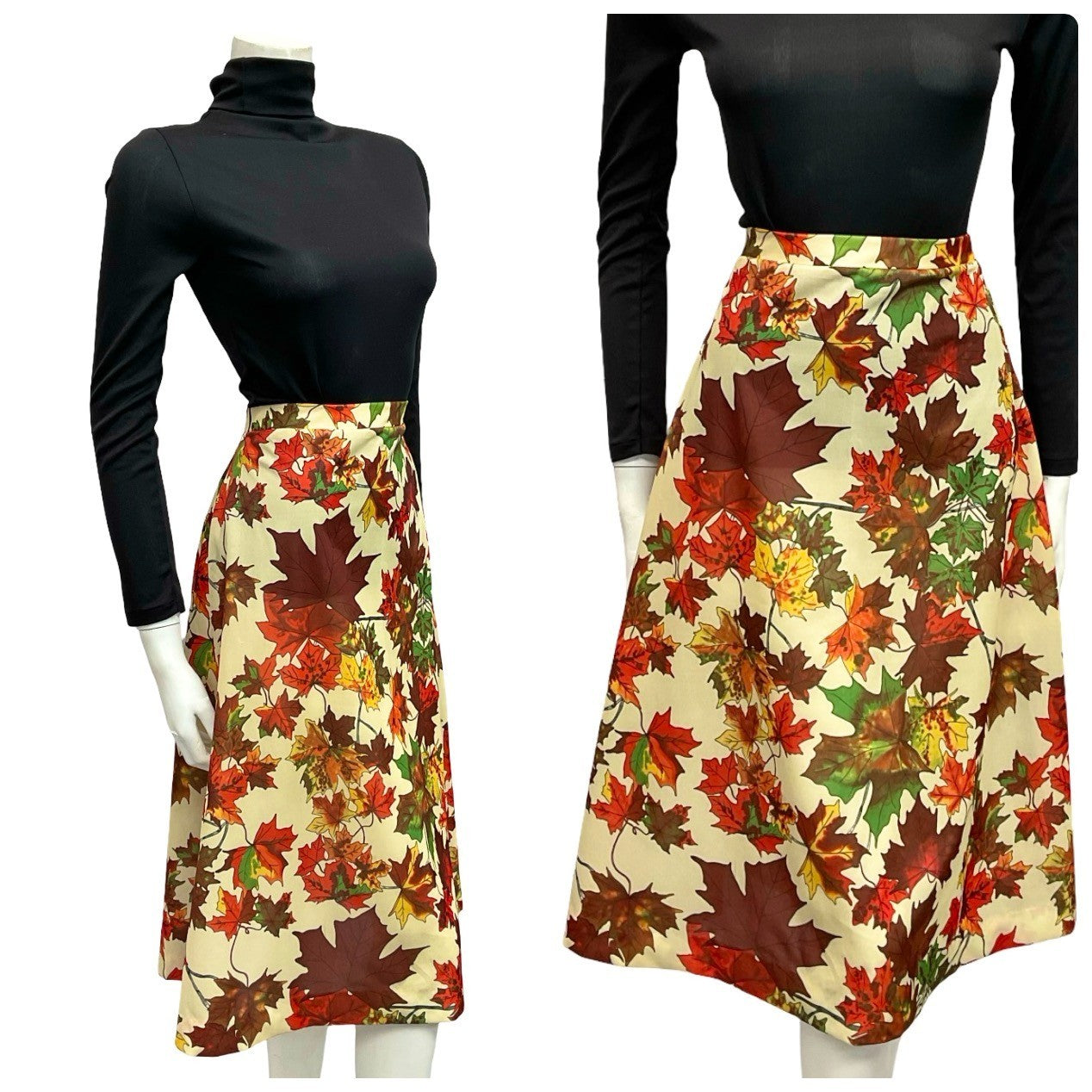 Shrinking Violets Vintage 60s 70s beige green and red autumnal maple leaf printed swing skirt on a mannequin wearing a black turtleneck