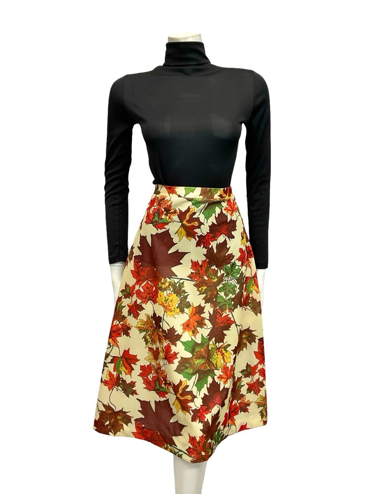 VTG 60S 70S BEIGE RED GREEN YELLOW MAPLE AUTUMNAL A LINE MIDI SKIRT 8 10